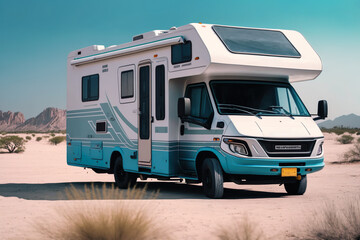 Asian Camping Adventure in Tiffany Blue RV with Side Extension.
Generative AI.
