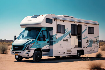 Asian Camping Adventure in Tiffany Blue RV with Side Extension.
Generative AI.