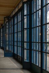 Blue windows and doors of the railway station in Budapest