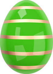 Green Shiny Easter Egg with Gold Stripes. Image of a glossy green-gold egg isolated on a transparent background. Realistic eggshell. 3d decoration for easter design. 3D vector illustration