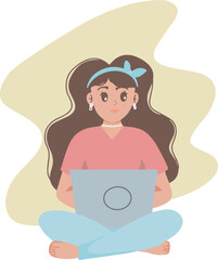 Beautiful woman working on laptop sitting on the floor illustration