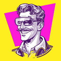 retro cartoon illustration of a happy man with mustache and sunglasses