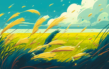 Fototapeta na wymiar Landscape illustration grass with big wind. Meadows at the horizon