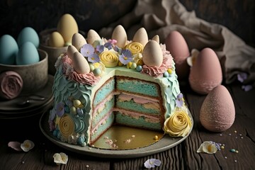 Delicious Easter cake with colorful frosting on wooden background. Homemade cakes for a traditional Easter meal , AI generated