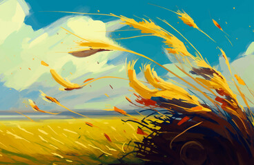 Fototapeta na wymiar Rural hills landscape illustration grass for cows. Meadows at the horizon