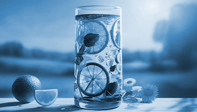 LEMON AND CUCUMBER SLICES IN A TALL GLASS. SUNNY DAY, MEADOW IN THE BACKGROUND . BLUISH TONES