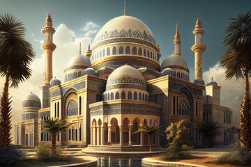 Fototapeta na wymiar Amazing muslim mosque building. Beautiful islamic architecture. Generative Ai Art.