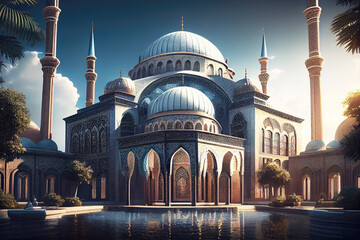 Fototapeta na wymiar Amazing muslim mosque building. Beautiful islamic architecture. Generative Ai Art.