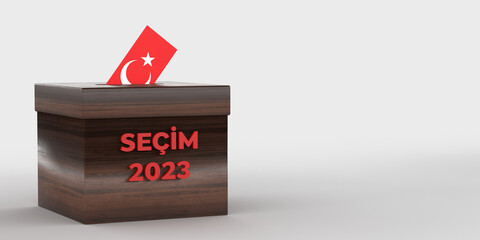Turkish flag designed envelope in TURKISH ELECTION 2023 text ballot box, side view. 3D rendered white background, clipping path. General and Presidential elections in Turkey 2023 concept. 