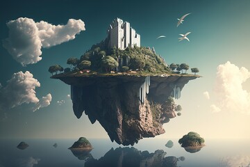 Fototapeta premium Island cities floating in the sky.AI technology generated image