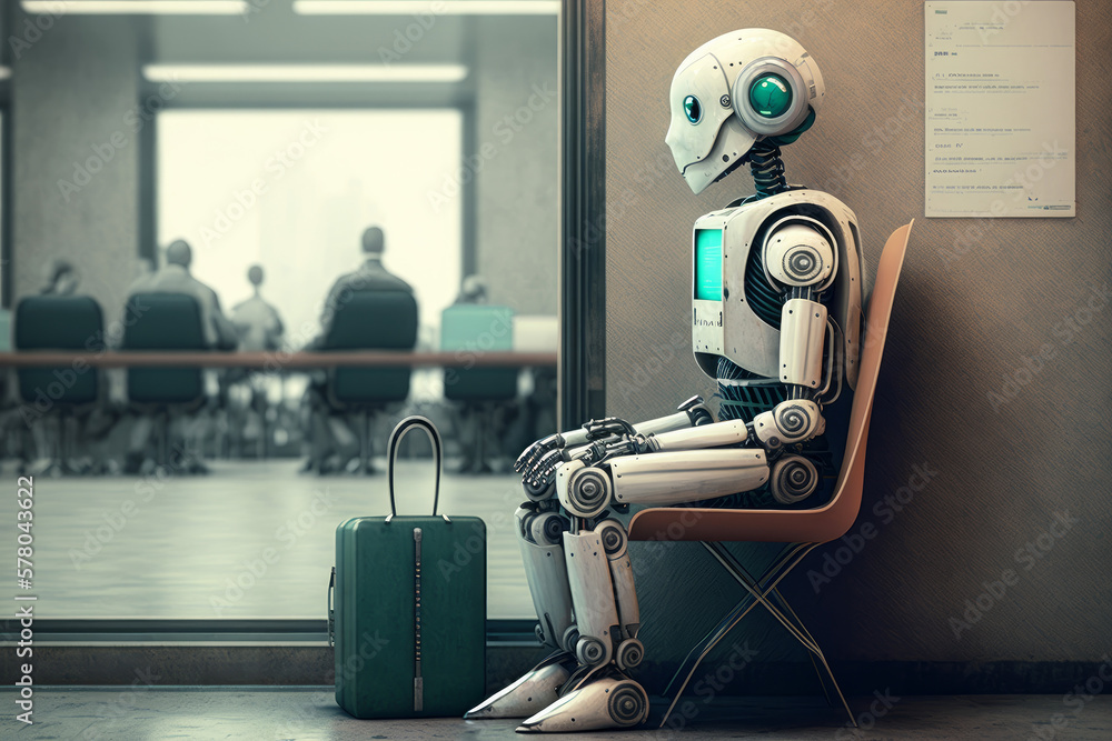 Poster a robot waiting in a modern office for a job interview. ai artificial intelligence technology at wor