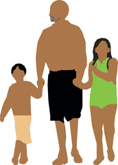 Silhouette Man with Children Walking in Bathing Suit