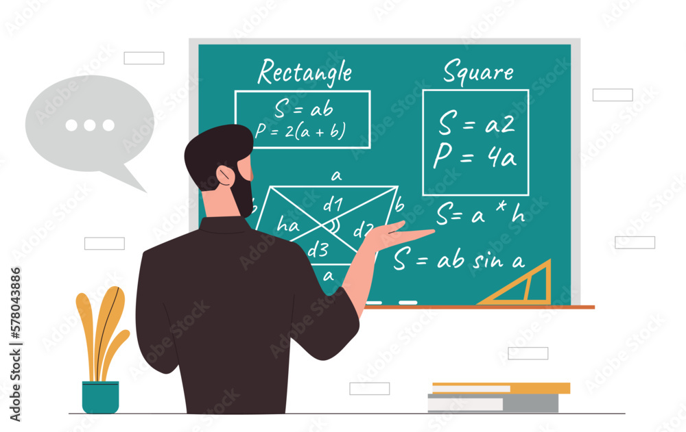 Aufkleber man with formulas. math teacher teaches lesson at school or lecture at university at blackboard. edu