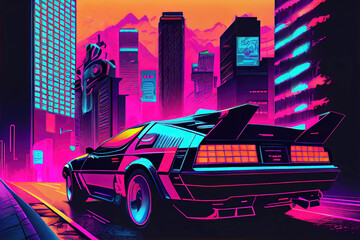 Obraz na płótnie Canvas Vintage sports car driving in 80s synthwave city background (Generative AI)