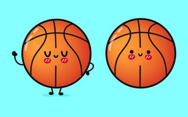 Cute funny basketball waving hand. Vector hand drawn cartoon kawaii character illustration icon. Isolated on blue background. Basketball ball character concept