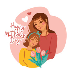 Mother and daughter holding a bouquet of tulips. Happy mother's day. Vector.