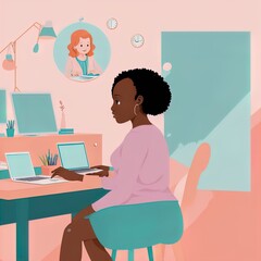 Black woman working on computer. Pastel shades. Great for business, wfh, entrepreneur etc. 