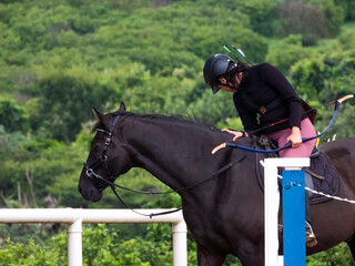 Riding a black horse with an archery bowl