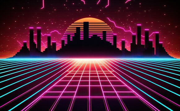 Neon Retro Sci-Fi Background. Futuristic landscape and design of the 80s. Generative AI