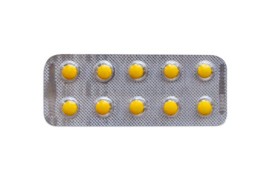 Small blister pills isolated on white background.