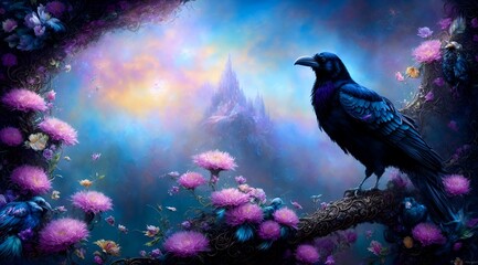 landscape view of a raven in fantasy forest, ai generated art, generative ai, upscaled