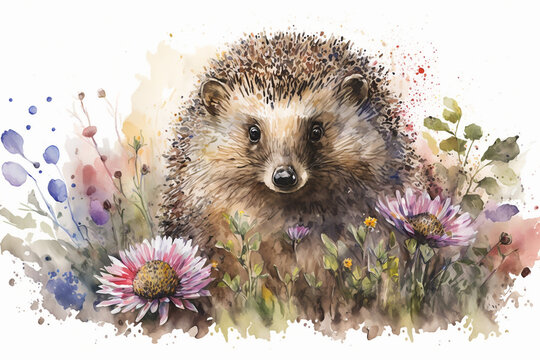 Watercolor painting of cute hedgehog in a colorful flower field. Beautiful artistic animal portrait for poster, wallpaper, art print. Made with generative AI.