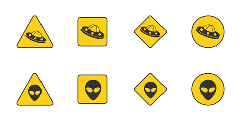 Danger UFO sign set. Aliens warning road signs. Flat vector illustration.