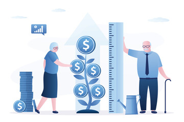 Grandparents people use ruler to measure profit from money tree. Retirement savings, pension fund, investment or earning for retiree. Senior financial planning, wealth management,