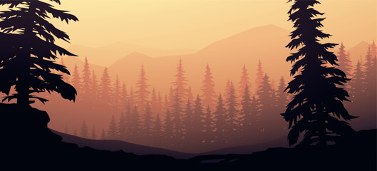 beautiful forest and mountains view at sunset