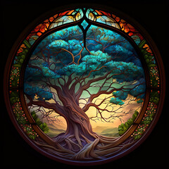 A green tree on a stained glass window