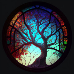 A tree in a colored stained glass window