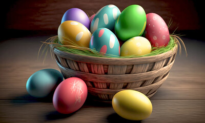Naklejka premium Free photo colorful happy easter eggs in basket on table