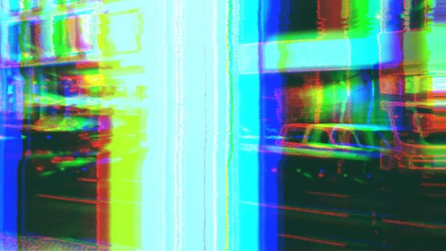 Cyberpunk video art. Abstract footage with noise and glitch effect. Animated photos of architectural structures. Vj loop club animation. Motion graphic design.