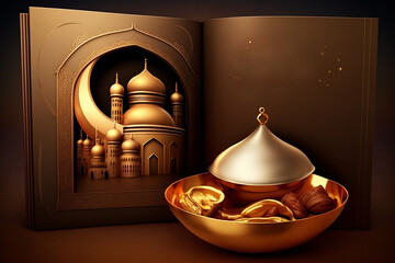 Festive greeting card for Muslim holy month Ramadan Kareem with mosque and crescent moon