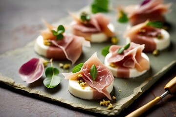 Delicious pink and white somen canapes with salted plum and prosciutto ham on a white platter, AI generated