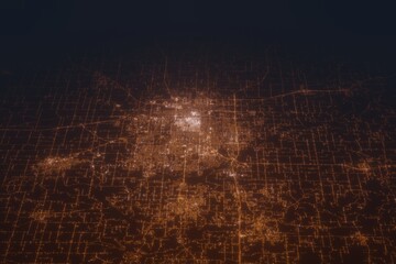 Obraz premium Aerial shot of Springfield (Missouri, USA) at night, view from south. Imitation of satellite view on modern city with street lights and glow effect. 3d render