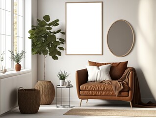 mock-up wall decor frame is hanging in cozy minimalism living room with comfort sofa, Generative Ai 