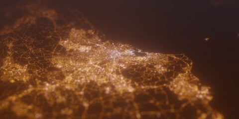 Street lights map of Cardiff (UK) with tilt-shift effect, view from west. Imitation of macro shot with blurred background. 3d render, selective focus