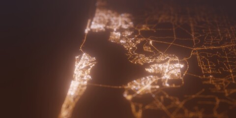Street lights map of Niceville, Fort Walton Beach and Destin (Florida, USA) with tilt-shift effect, view from east. Imitation of macro shot with blurred background. 3d render, selective focus