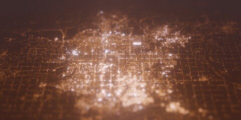 Street lights map of Omaha (Nebraska, USA) with tilt-shift effect, view from west. Imitation of macro shot with blurred background. 3d render, selective focus - obrazy, fototapety, plakaty