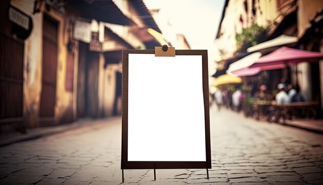 vintage blank wooden sign at street town, sign mockup idea, Generative Ai