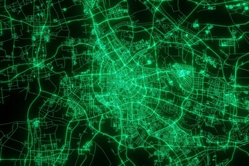 Map of the streets of Tianjin (China) made with green illumination and glow effect. Top view on roads network. 3d render, illustration