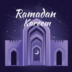 Obraz na płótnie Canvas Mystic starry night in Ramadan, entrance to the mosque gate. Violet. a symbol of the Islamic faith. Greeting card. Vector illustration