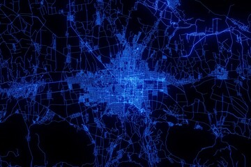 Street map of Bishkek (Kyrgyzstan) made with blue illumination and glow effect. Top view on roads network