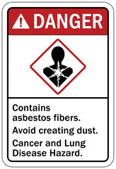 Asbestos chemical hazard sign and labels contains asbestos fibers. Avoid creating dust, cancer and lung disease hazard
