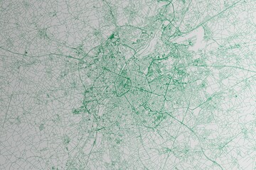 Map of the streets of Brussels (Belgium) made with green lines on white paper. 3d render, illustration