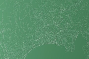 Stylized map of the streets of Nice (France) made with white lines on green background. Top view. 3d render, illustration