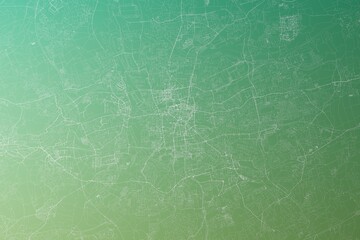 Map of the streets of Dortmund (Germany) made with white lines on yellowish green gradient background. Top view. 3d render, illustration