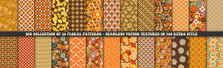 Collection of 26 colorful floral retro patterns. Vector trendy backgrounds in 70s style. Abstract modern geometric and floral ornaments, vintage textures set - 578048249