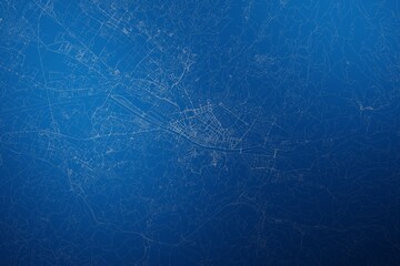 Stylized map of the streets of Florence (Italy) made with white lines on abstract blue background lit by two lights. Top view. 3d render, illustration